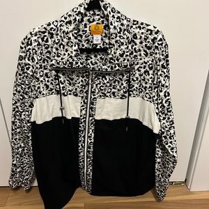 Ruby Rd zip-up jacket, black with contrasting animal print, size 3x.